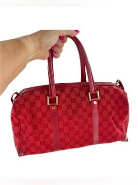 GUCCI GG Canvas Boston Bag, Red Jacquard Fabric, Red Leather Trim, Authentic